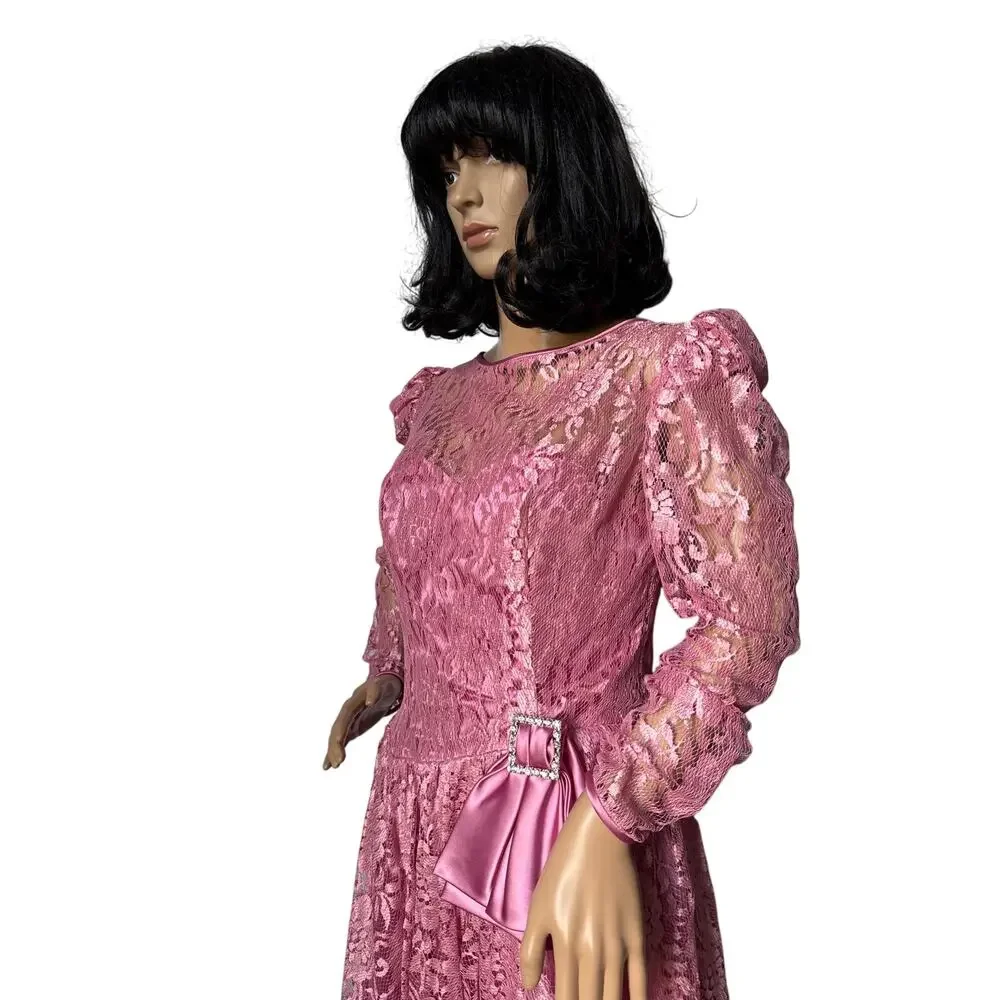 American vintage 70's pink lace prom Bridesmaid midi dress small